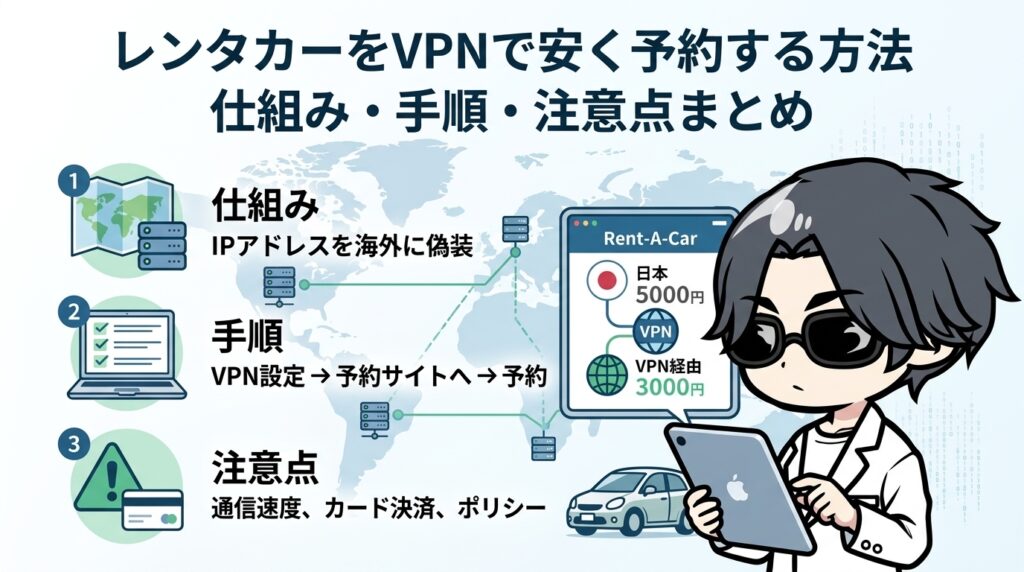 レンタカーをVPNで安く予約する方法【2026年最新】仕組み・手順・注意点まとめ